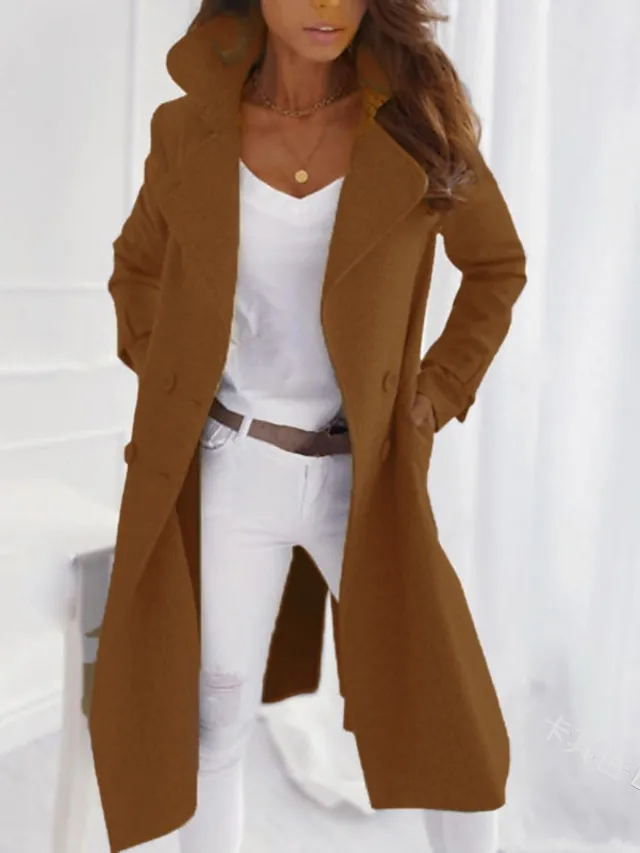 Women's Coat Outdoor Office Office / Career Fall Winter Long Coat V Neck Windproof Basic Simple Chic & Modern Jacket Long Sleeve Solid Color with Pockets Gray blue khaki Beige