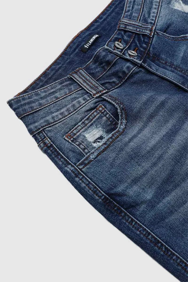 Dual Button Ripped Raw Hem High Rise Bootcut Jeans