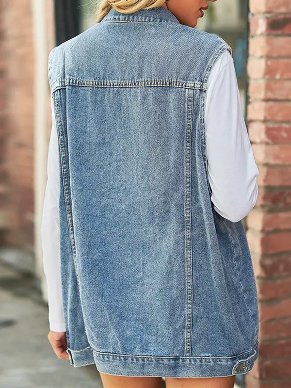 Retro Lapel Neck Denim Vest Outwear