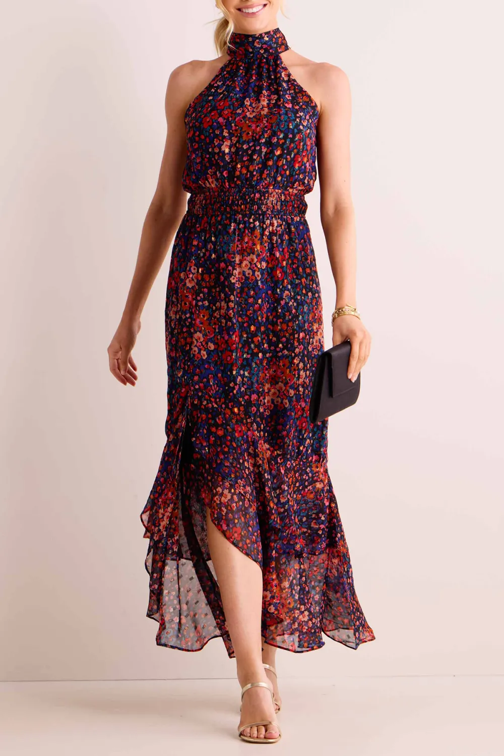 Floral Print Halter Neck Asymmetric Dress