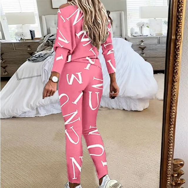 Women's Letter Print Lounge Sets Sweatsuit 2 Pcs  Crew Neck Long Sleeve Tops & Slim Pants Outfits Sport Comfort Home Street Vacation Polyester Off Shoulder Fall Winter S 2XL Black White