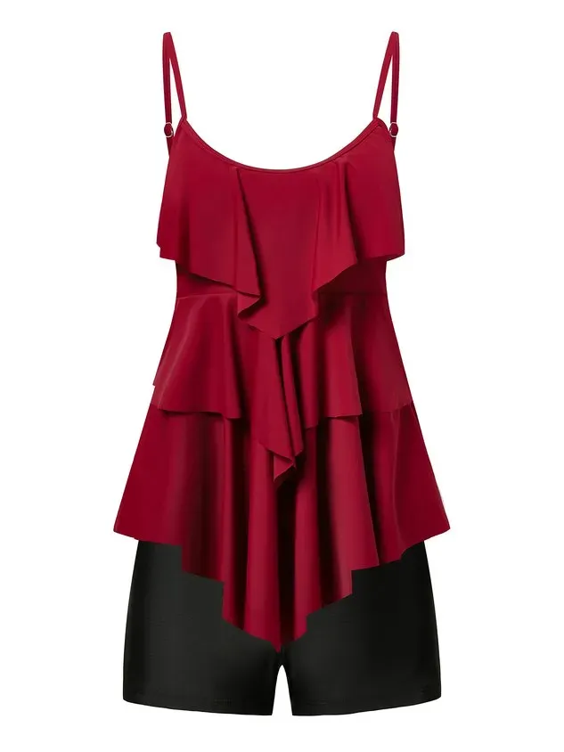 Vacation Plain Flouncing Scoop Neck Tankinis Two-Piece Set