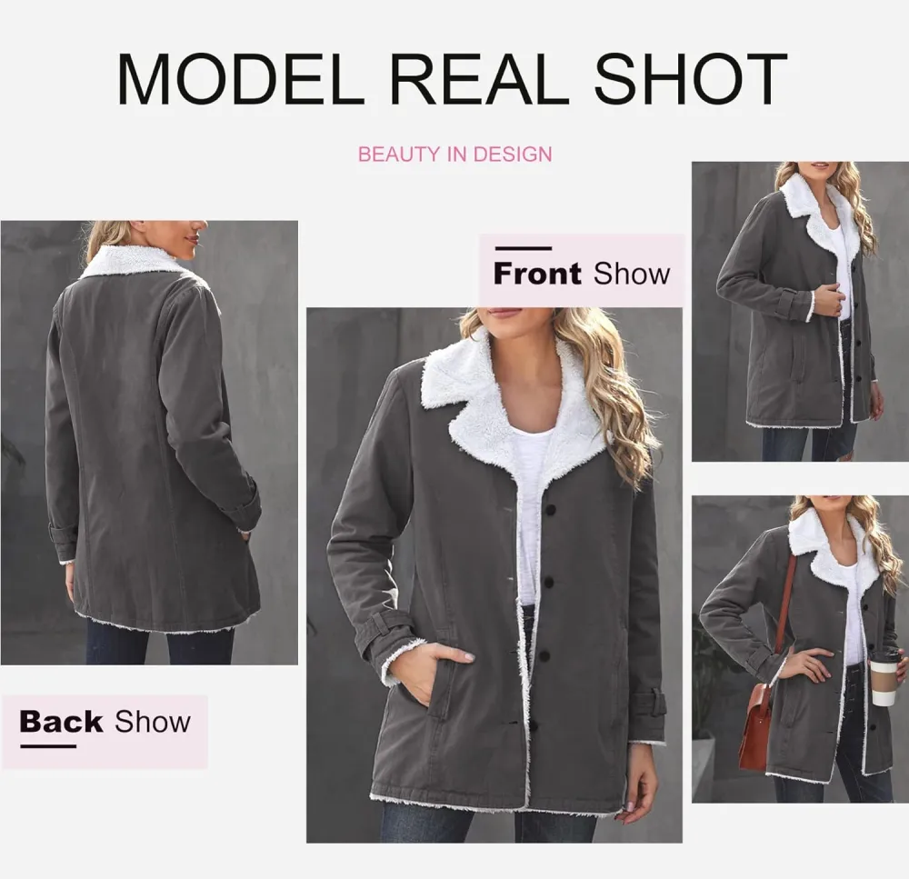 Womens Winter Warm Jean Jacket Stand Collar Wool Liner Sherpa Denim Coats Thicker Outerwear with Pockets