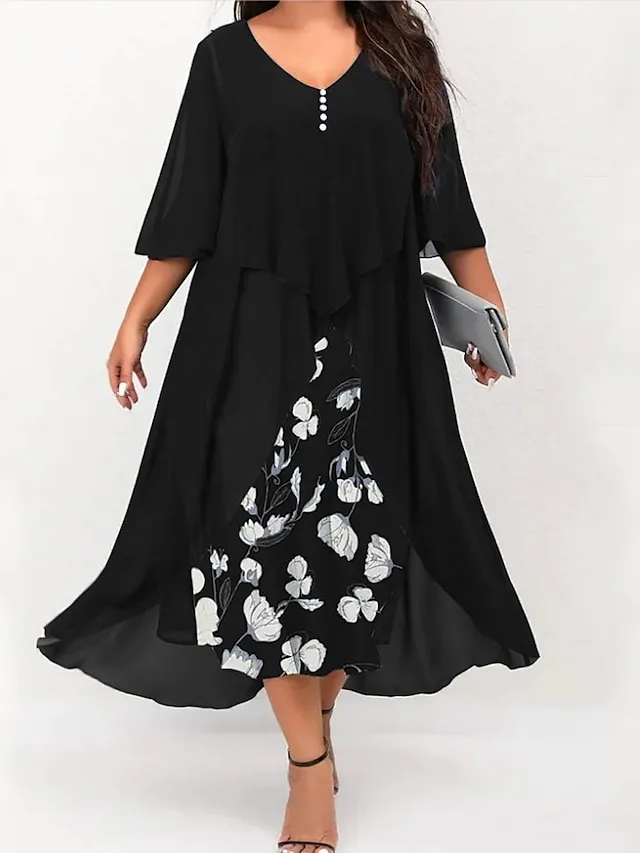 Women‘s Plus Size Curve Work Dress Floral V Neck Ruched 3/4 Length Sleeve Spring Summer Work Elegant Midi Dress  Layered Formal Vacation Dress Wedding Guest Dress