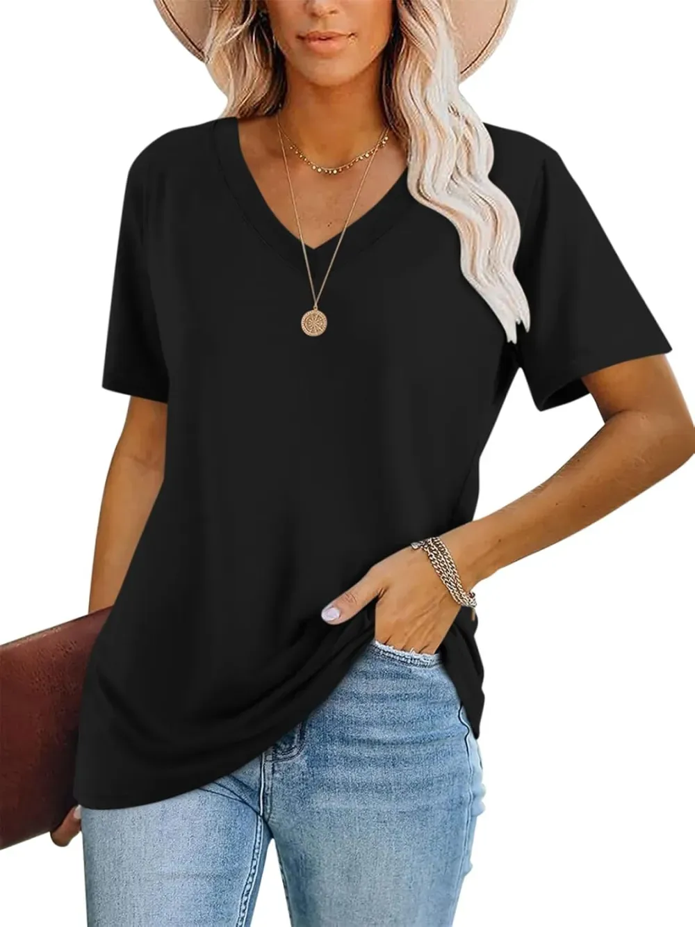 ORANDESIGNE Women's Color Block Short Sleeve T Shirts Casual V Neck Summer Tops Tees Loose Fit Blouses