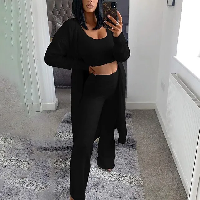 Women's Loungewear Sets Fluffy Fuzzy Sweatsuit 3 Pieces Pajama Pure Color Warm Fashion Simple Party Home Street Fleece Crew Neck Sleeveless Crop Top Pant Elastic Waist Winter Fall Black Camel