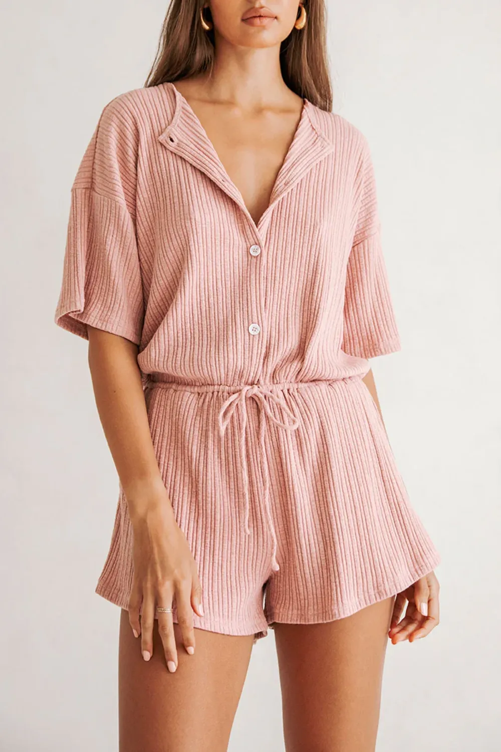 Short Sleeve Pin Stripe Drawstring Romper