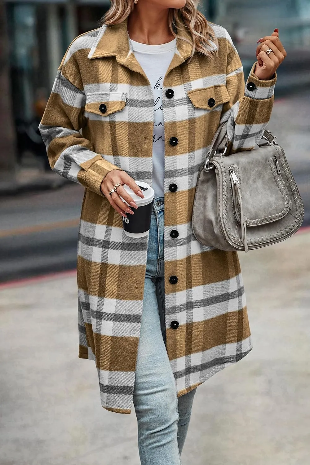 Women's Plaid Shacket 2023 Long Sleeve Button Up Flannel Shirt Winter Tartan Jacket Woolen Coats