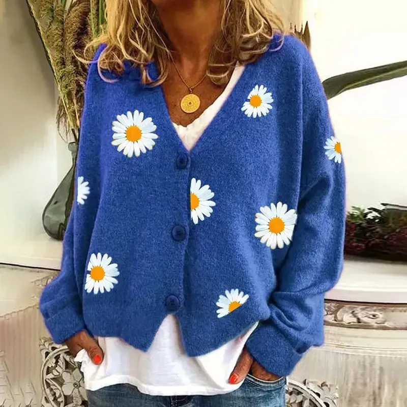 Vintage Single-Breasted Daisy Jacquard Sweater Cardigan
