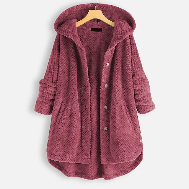 Women's Coat Teddy Coat with Hood Sherpa Jacket Fleece Jacket Daily Fall Winter Long Coat Regular Fit Casual Jacket Long Sleeve Solid Color Wine Red White Black