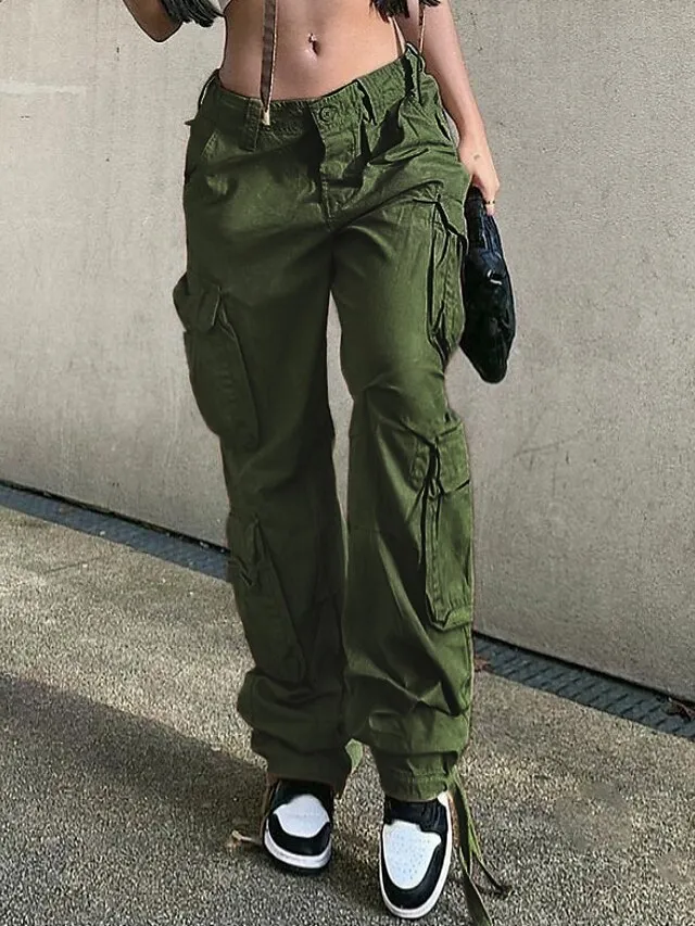 Women's Cargo Pants Pants Trousers Baggy Full Length Cotton Blend Baggy Micro-elastic Mid Waist Fashion Casual Office Black Green S M Autumn / Fall