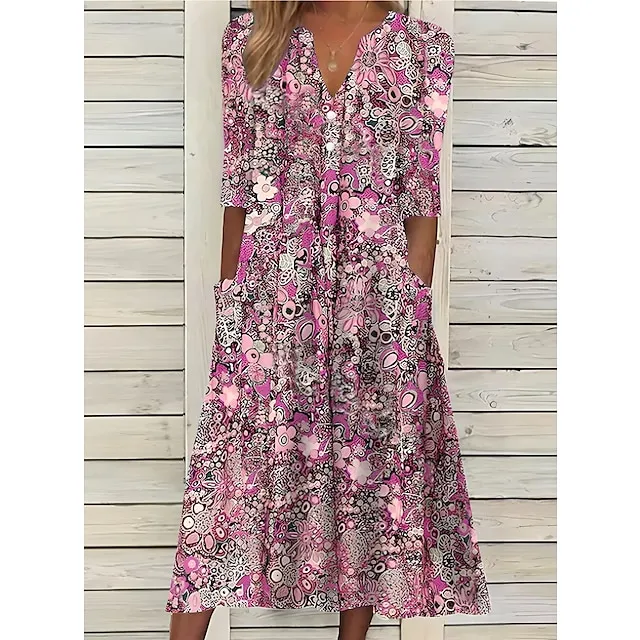 Women's Casual Dress Ethnic Dress Midi Dress Red Half Sleeve Floral Print Fall Spring Summer V Neck Casual Vacation 2023 S M L XL XXL 3XL