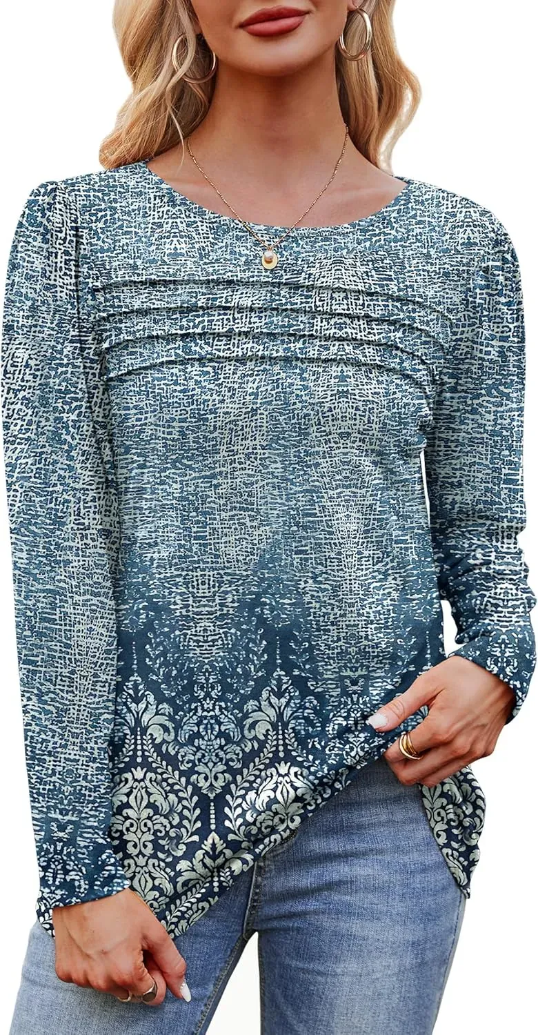 OFEEFAN Long Sleeve Shirts for Women Fall Fashion 2024 Dressy Casual Blouses Trendy Pleated Tunic Tops for Leggings