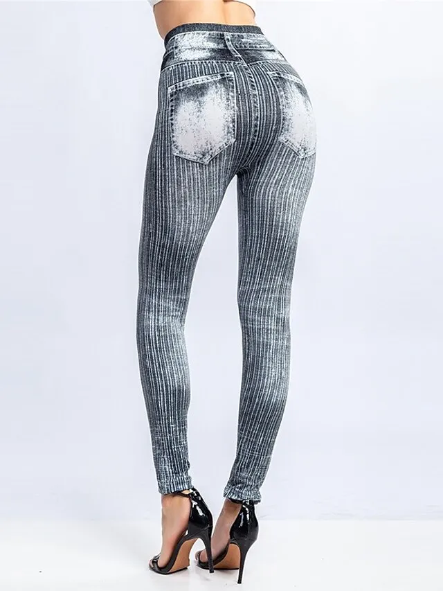 Women's Jeans Skinny Bell Bottom Ankle-Length Faux Denim Print High Elasticity High Waist Tights Casual / Sporty Casual Weekend Black Red S M