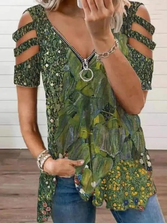 Women Short Sleeve V-neck Floral Printed Geometric Top