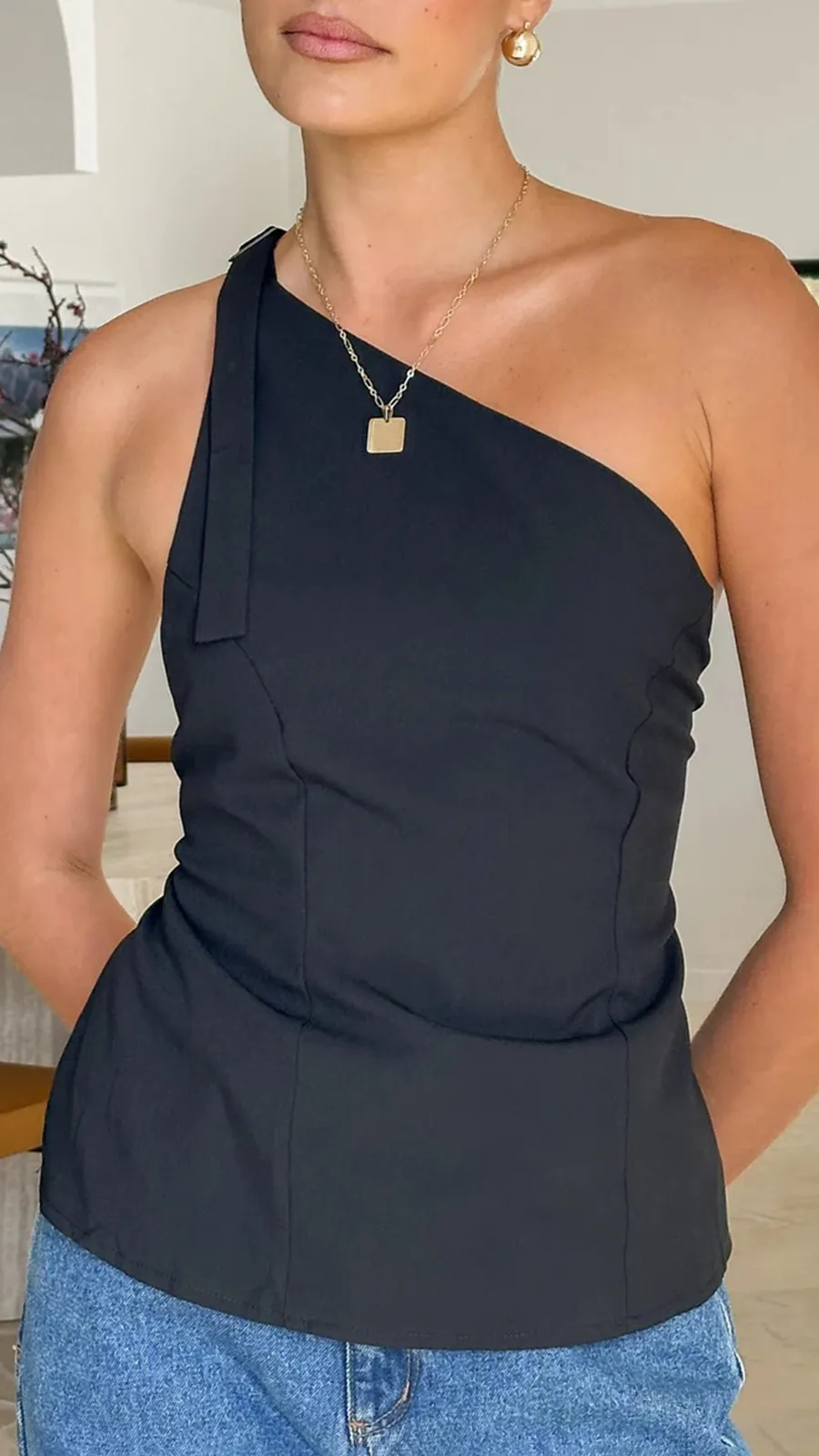 Slant Collar Hollow Back Top
