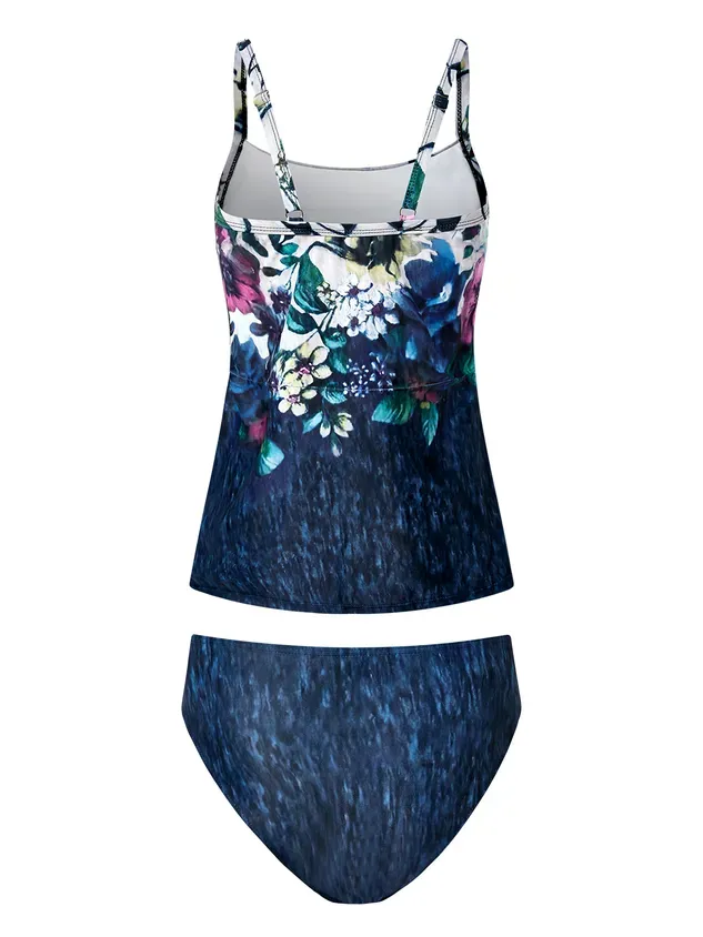 Vacation Floral Printing Scoop Neck Tankinis Two-Piece Set