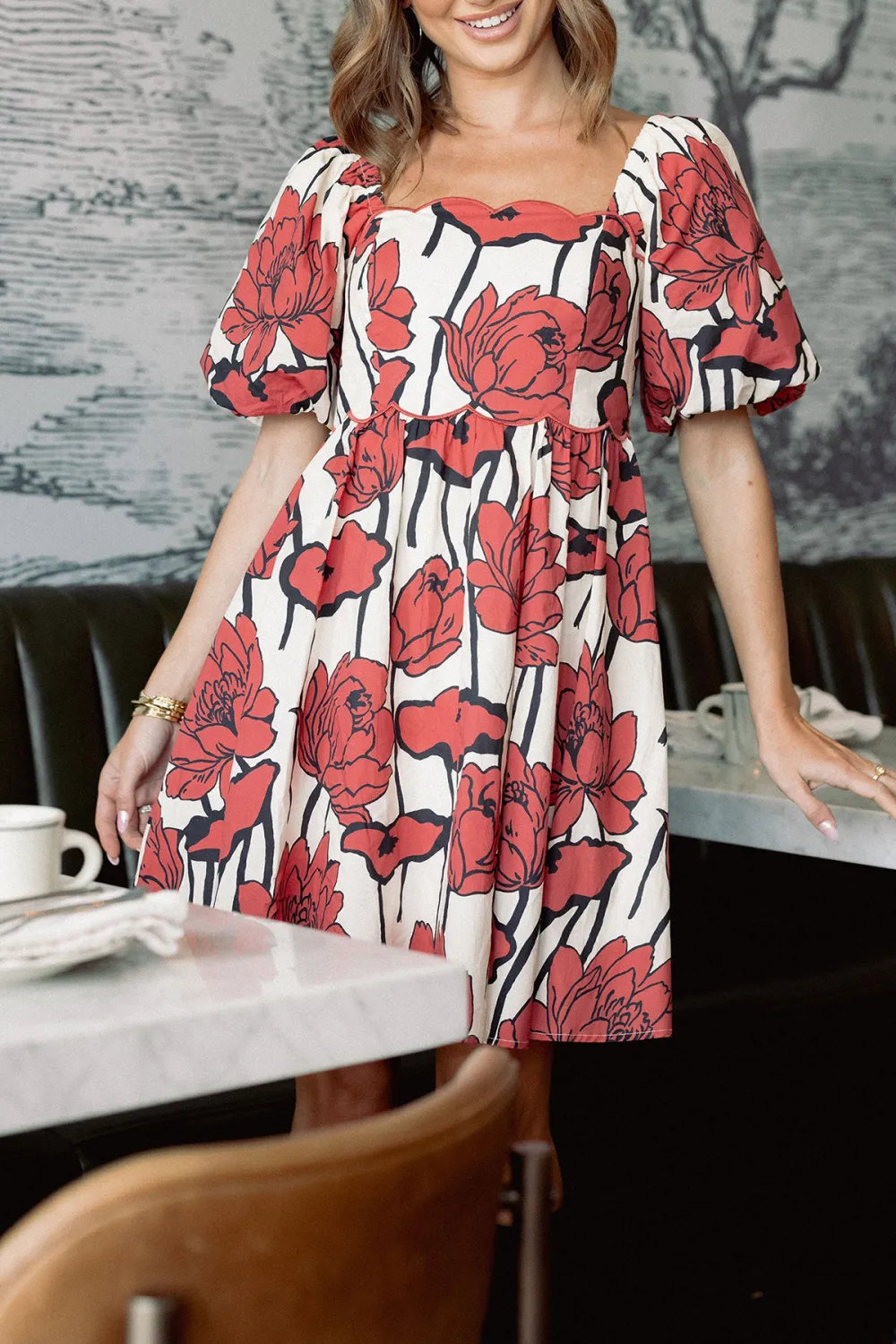 Floral Print Square Neck Puff Sleeve Dress