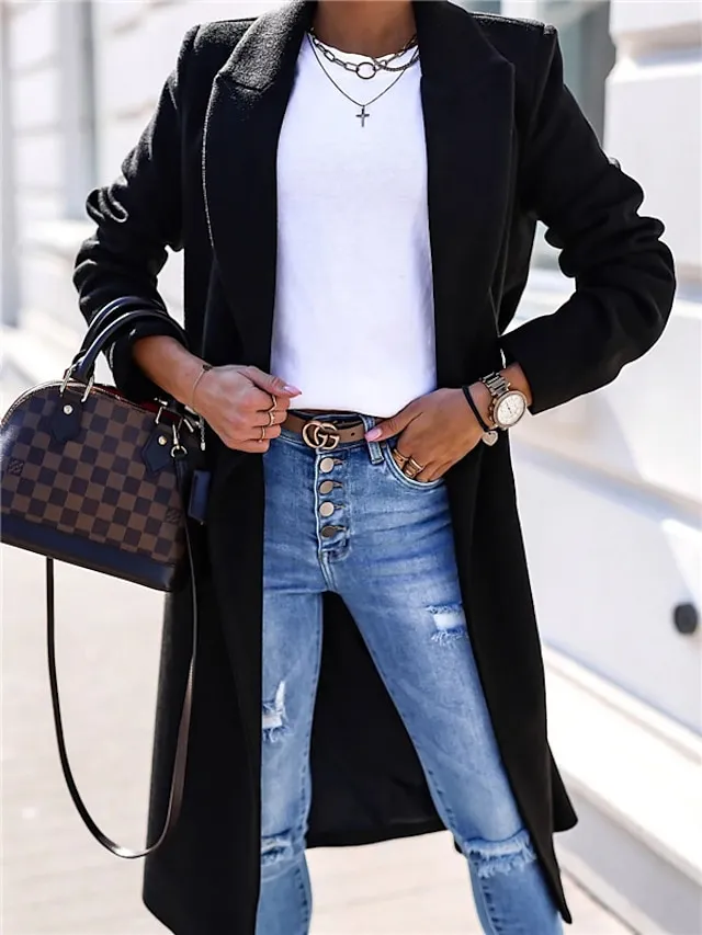 Women's Winter Coat Coat Warm Breathable Work Office / Career Daily Wear Vacation Pocket Drawstring Buttoned Front Turndown Elegant Lady Modern Formal Solid Color Regular Fit Outerwear Long Sleeve