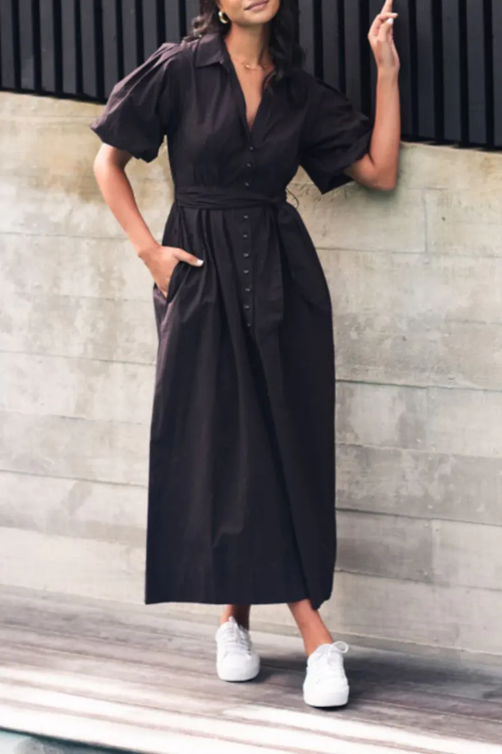 Black Puff Sleeve Collared Midi Dress