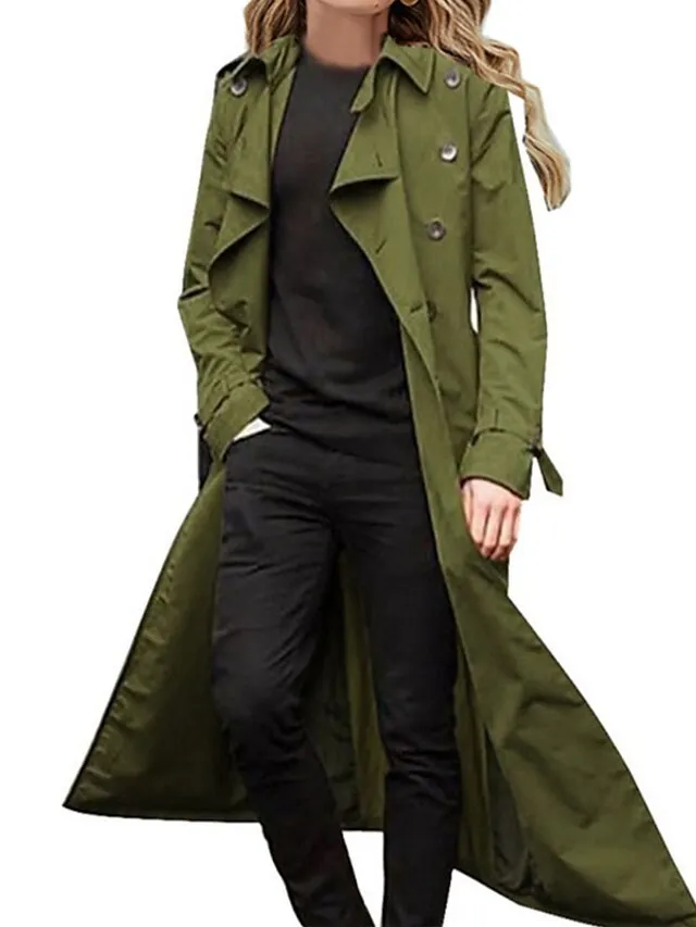 Women's Trench Coat Casual Jacket Street Daily Going out Fall Winter Long Coat Regular Fit Breathable Casual Jacket Long Sleeve Plain with Pockets Green Khaki Orange