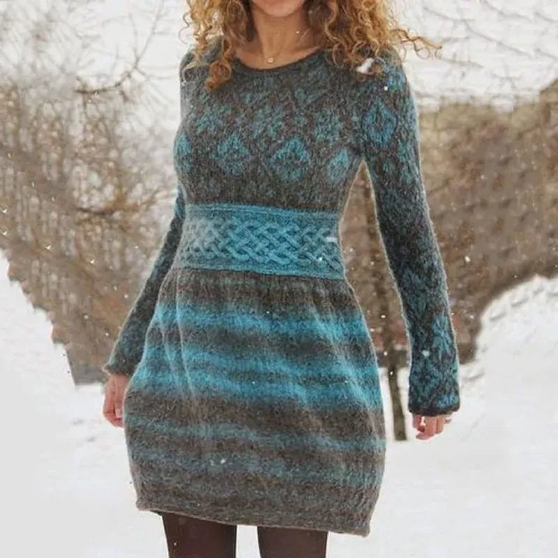 Casual Contrast Printed Knit Midi Dress