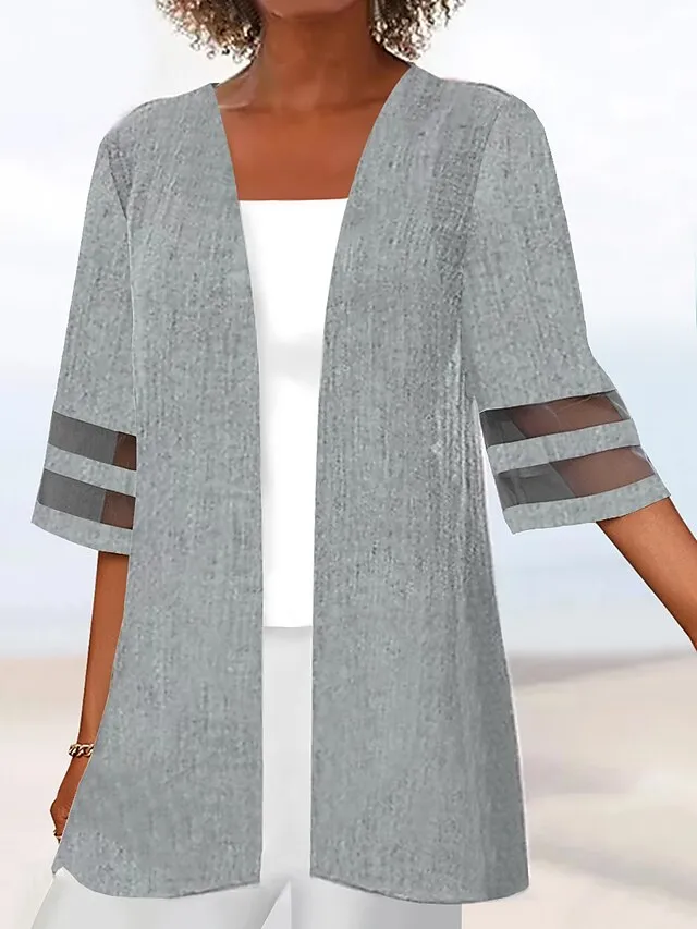 Women's Casual Jacket Clean Fit Causal Patchwork Solid Color Simple Loose Fit Outerwear 3/4 Length Sleeve Summer Black