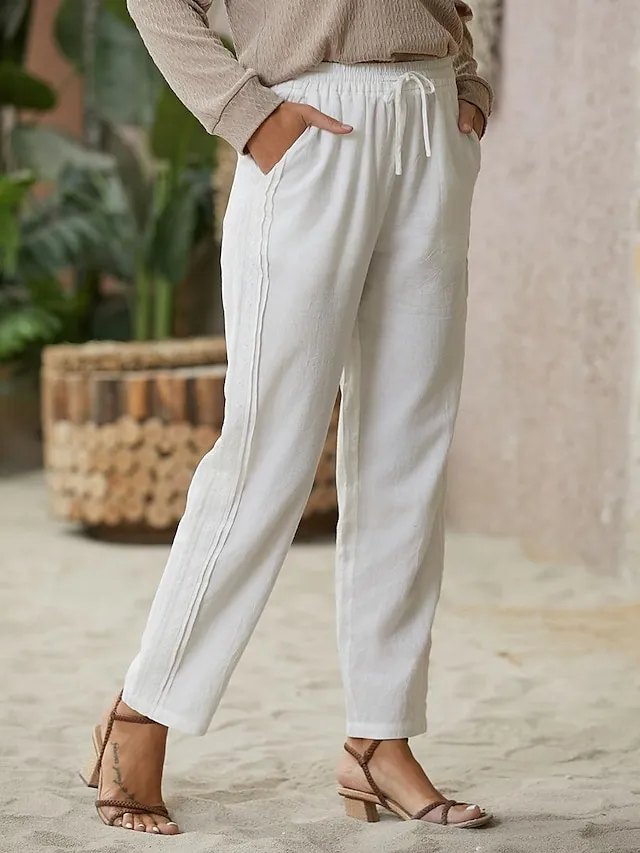 Women's Linen Pants Pants Trousers Baggy Faux Linen Plain Side Pockets Baggy Ankle-Length Fashion Casual Daily Black White S M