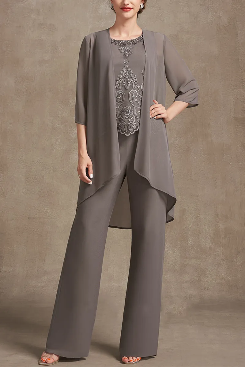 Plus Size Embroidery Chiffon Three Pieces Set Pant Suits