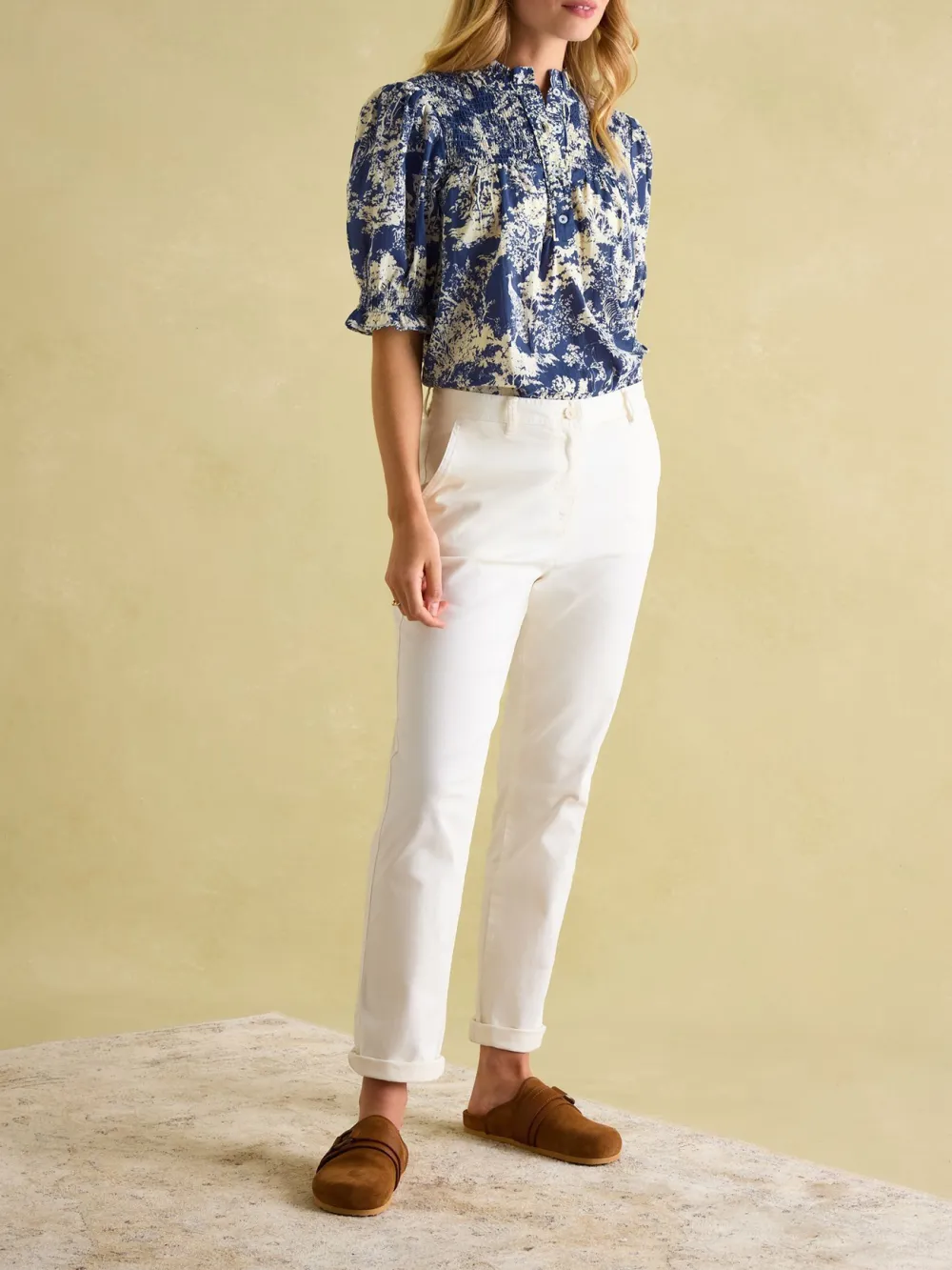 Blue Frill Neck Smocked Blouse