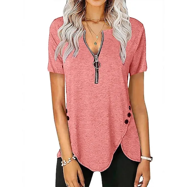 Women‘s Casual Short-Sleeved Top V-Neck Zipper Solid Color Button T-shirt Blouse