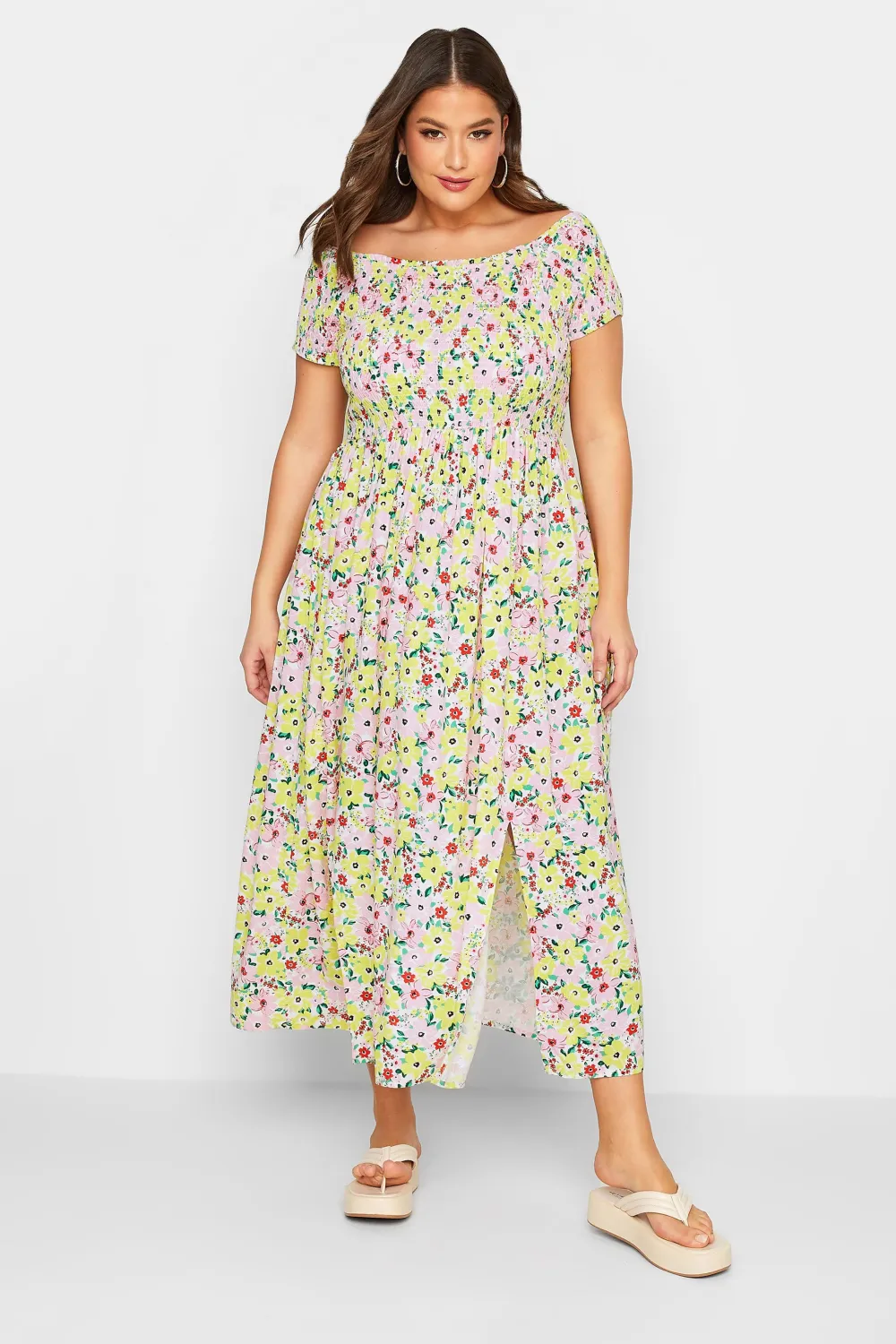 YOURS Curve White Floral Print Shirred Maxi Dress