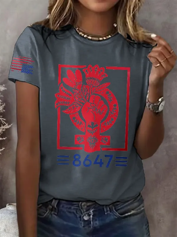 Women'S T-Shirt Retro 8647 Fist Print T-Shirt Round Neck Pure Cotton Short Sleeves