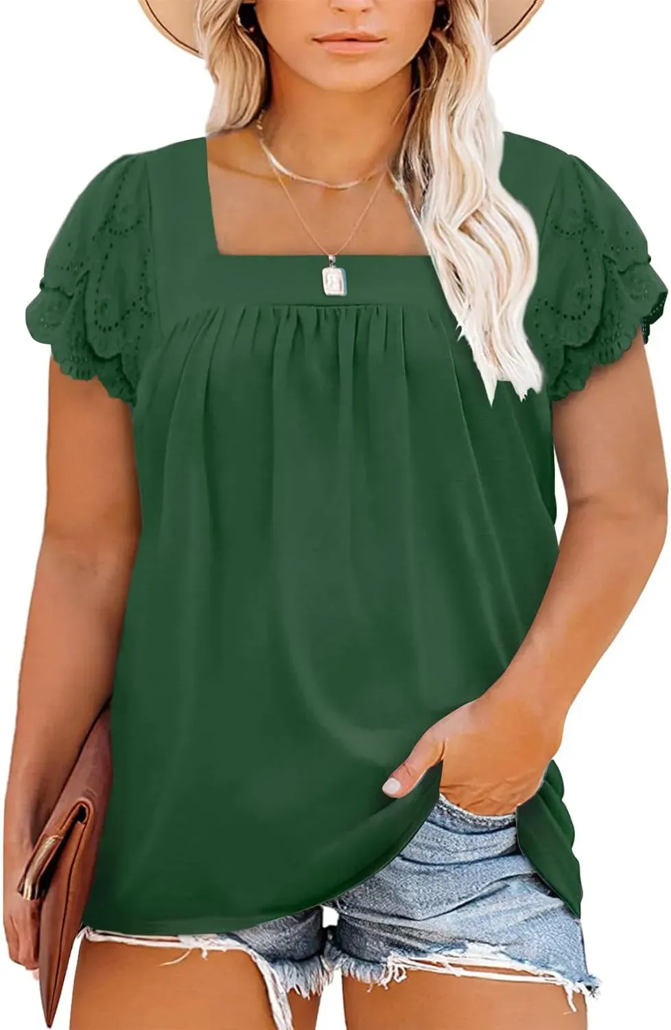 Eytino Womens Plus Size Tops Ruffle Short Sleeve Square Neck Summer Loose Casual Tee Shirts(1X-5X)