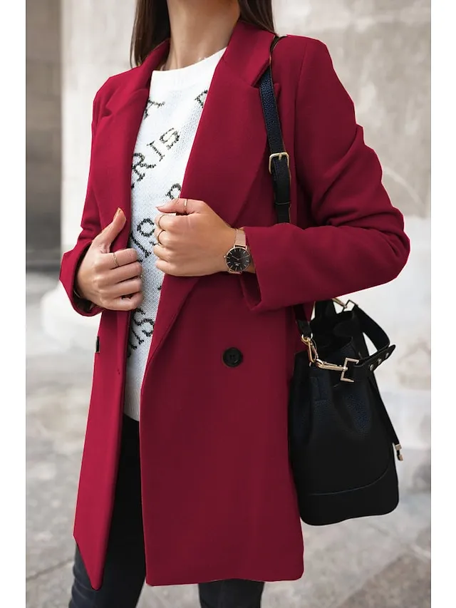 Women's Winter Coat Coat Comfortable Casual Daily Weekend Button Double Breasted Lapel Fashion Classic Comfortable Solid Color Loose Fit Outerwear Long Sleeve Fall Winter Black Wine Khaki S M L XL