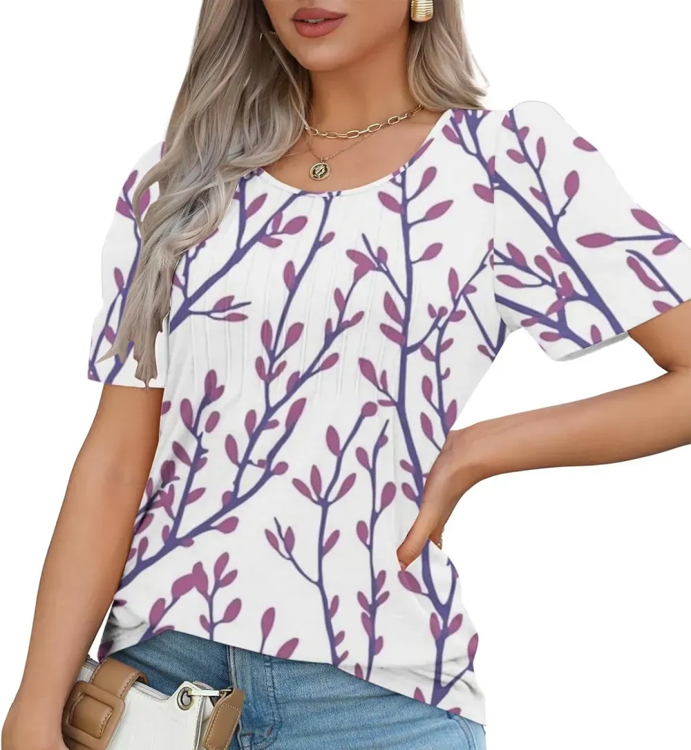 Womens Summer Pleated Front Shirts Tunics Casual Short Sleeved Loose Round Neck Boho Printed Tops Vacation Blouse