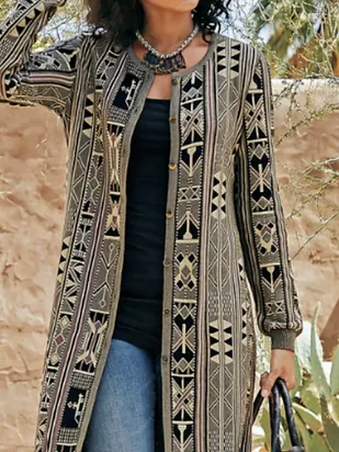 Geometric Vintage Autumn Polyester Micro-Elasticity Loose Best Sell Long sleeve H-Line Overcoat for Women