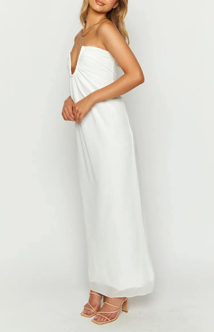 Deep V-Neck White Flowy Maxi Dress