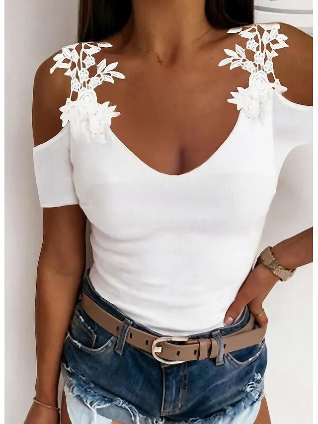 Women's T shirt Tee Going Out Tops Burgundy Tee Concert Tops Black White Wine Plain Lace Cut Out Short Sleeve Casual Weekend Fashion Basic Elegant U Neck Off Shoulder Regular Fit Cold Shoulder