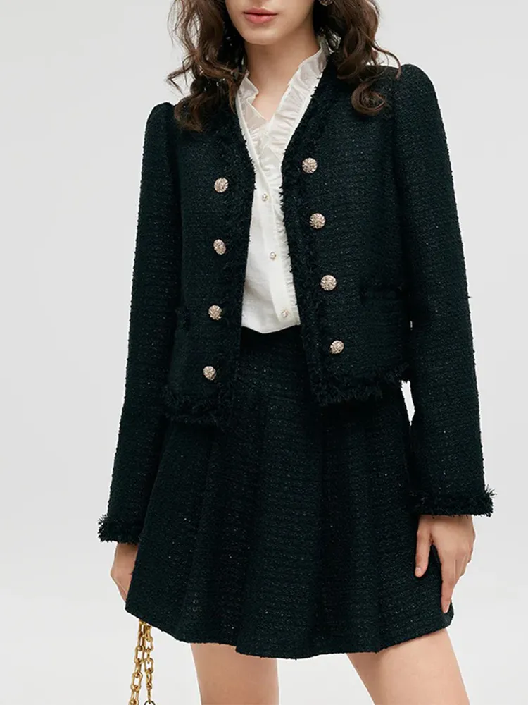 Tweed FrInge V-Neck Women Crop Jacket