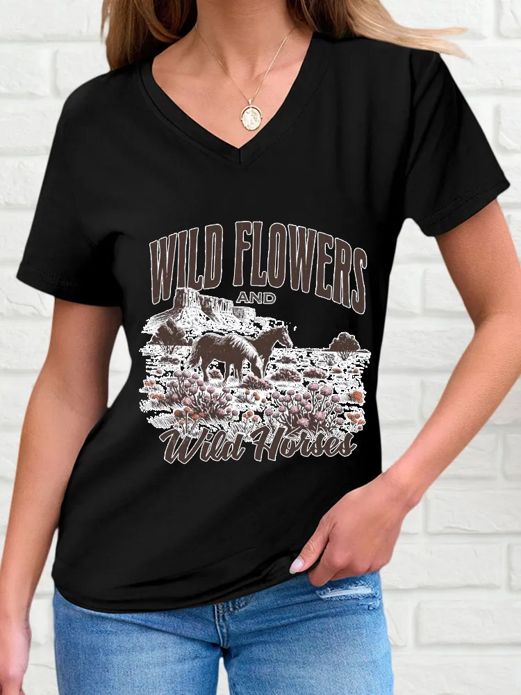 Woman's Wild Flowers And Wild Horses V-Neck And Short Sleeves T-Shirt