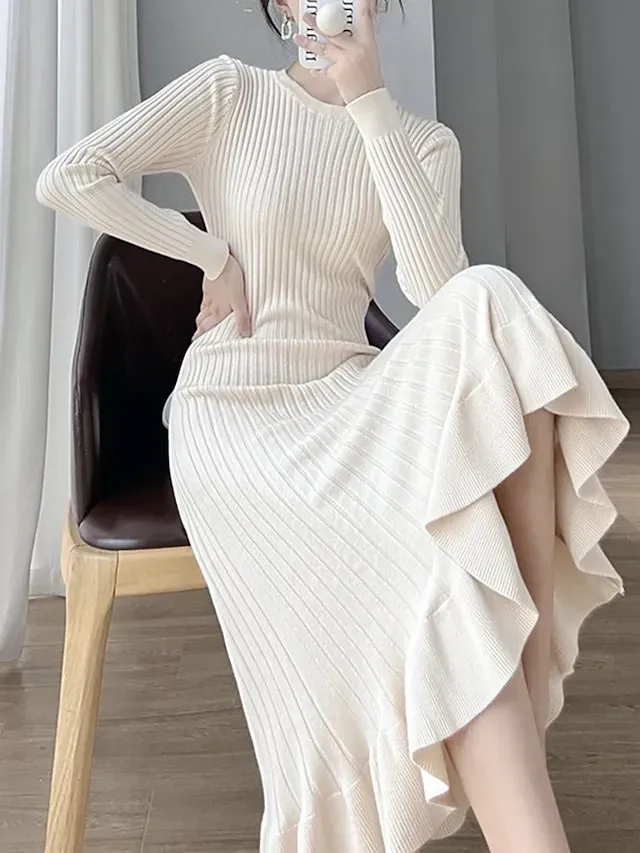 Women's Sweater Dress Knit Dress Jumper Dress Midi Dress Knitwear Elegant Fashion Pure Color Outdoor Daily Vacation Going out Crew Neck Long Sleeve Ruffle Patchwork 2023 Regular Fit Black Pink Beige