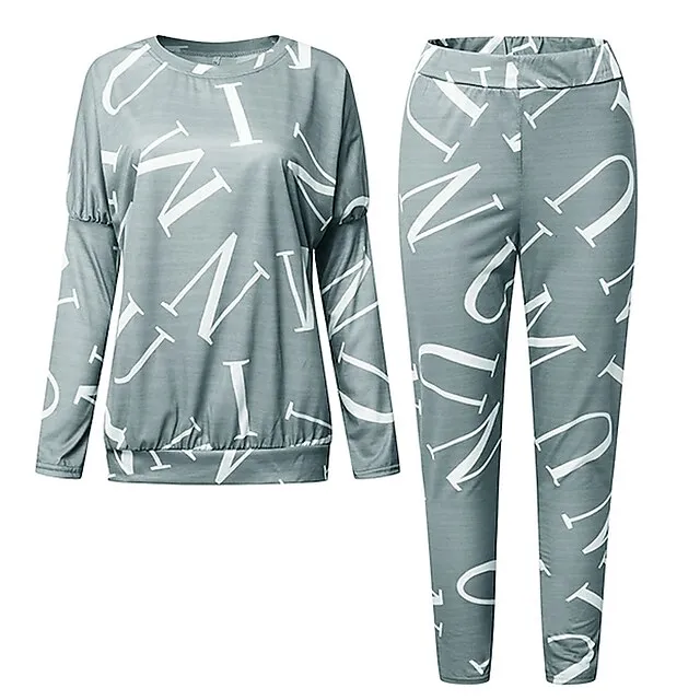 Women's Letter Print Lounge Sets Sweatsuit 2 Pcs  Crew Neck Long Sleeve Tops & Slim Pants Outfits Sport Comfort Home Street Vacation Polyester Off Shoulder Fall Winter S 2XL Black White