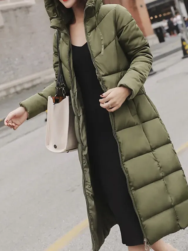 Women's Puffer Jacket Parka Outdoor Street Daily Winter Fall Long Coat Regular Fit Warm Breathable Jacket Long Sleeve Solid Color Green Black Dark Green / Going out