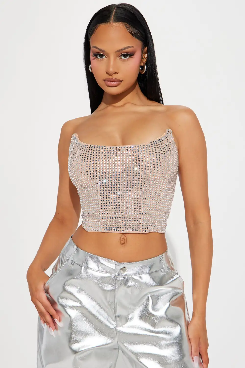 Rayna Rhinestone Mesh Corset Top - Nude shein