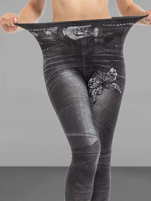 Women's Slim Pants Trousers Leggings Full Length Faux Denim Pocket High Cut High Elasticity High Waist Fashion Streetwear Street Causal Black Blue S M Summer Fall