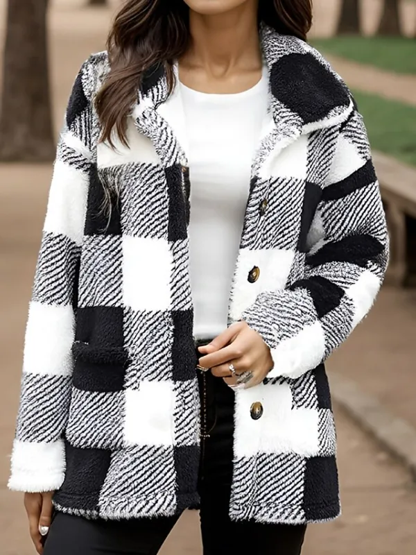 Women's Fleece Jacket Warm Sherpa Jacket with Pocket Plaid Teddy Coat Turndown Plush Casual Street Outerwear Long Sleeve Fall Winter Black