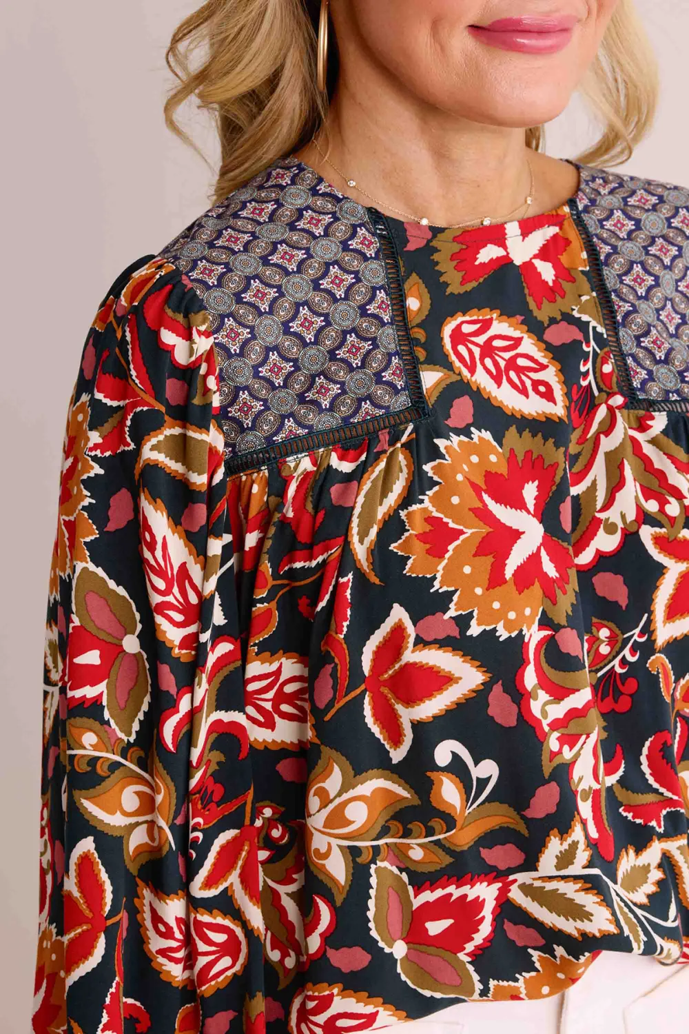 Multicolored Abstract Floral Print Long Sleeve Blouse