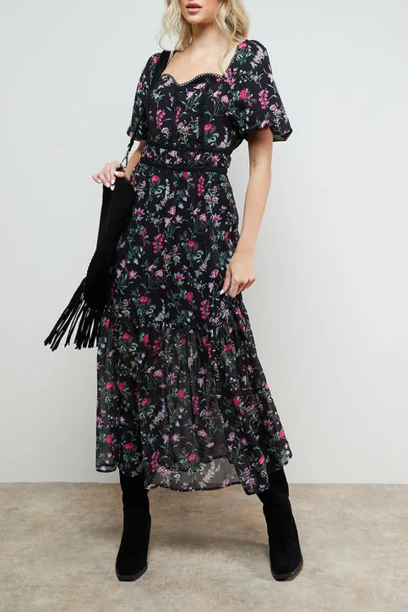 Daily Lace Trim Puff Sleeve Dress