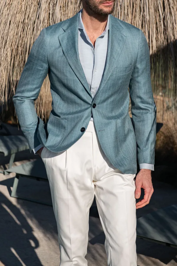 Water Green Herringbone Jacket In  Wool Silk And Linen